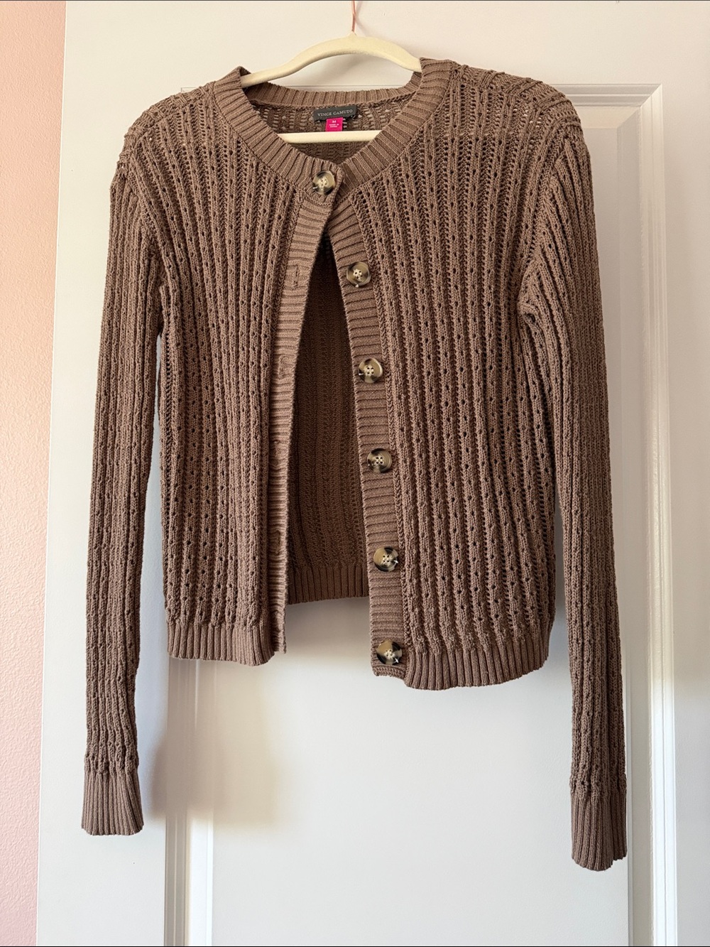 Vince Camuto Taupe Brown Openwork Knit Button Cardigan